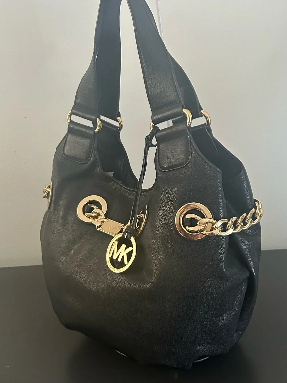 Michael Kors Black Pebbled Leather Gold Chain Grommet Hobo Shoulder Bag